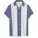 QIVICIMA Men's Retro Bowling Shirts 50s Vintage Button Down Color Block Active Shirts Flamingo Print