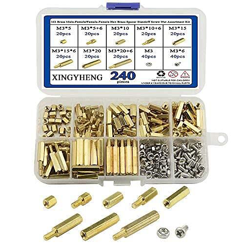 BGTXINGI M3 Brass Male-Female Hex Spacer Standoff Screw Nut Assortment Kit and Stainless Steel Screw Nut Set (240pcs)