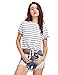 ROMWE Women's Knot Front Long Sleeve Striped Crop Top Tee T-shirt, Blue & White, Large(US8-10)