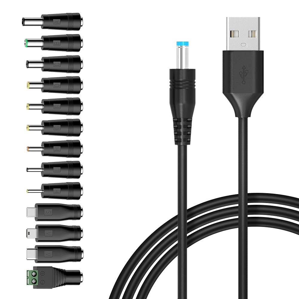 Photo 1 of Belker Universal 5V DC 5.5 2.1mm Jack Charging Cable Power Cord, USB to DC Power Cable with 14 Interchangeable Plugs Connectors Adapters Compatible with 5V Devices Max Support 3A