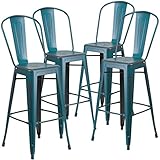 Flash Furniture 4 Pk. 30'' High Distressed Kelly Blue-Teal Metal Indoor-Outdoor Barstool with Back