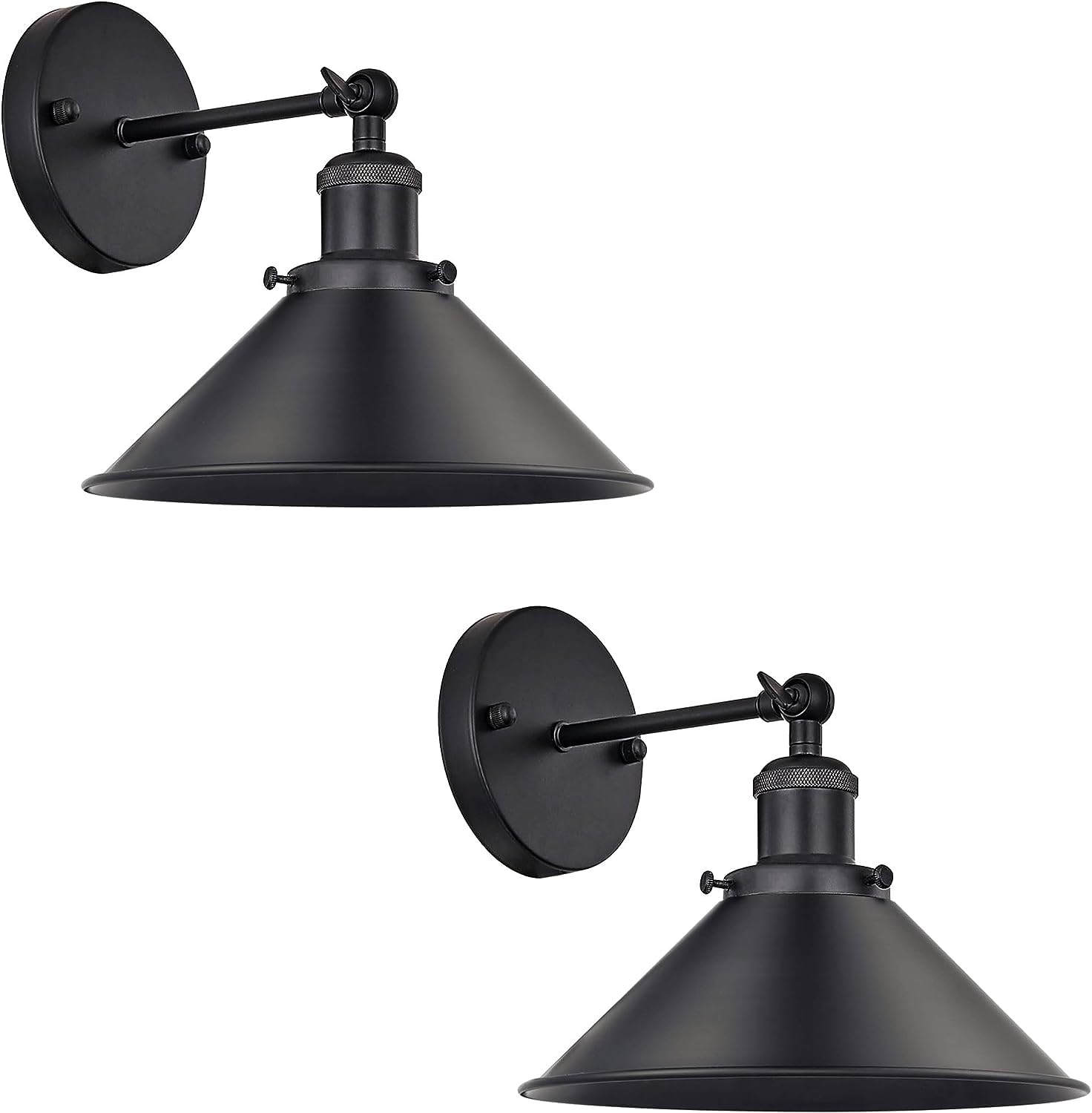 LEDSone Black Wall Light Sconce Fitting Metal Firm Wall Mount 180 Degree Adjustable Swing Arm Industrial Wall Fixtures lamp with Cone Light Shade for Livingroom, Kitchen, (2 Pack-Style 1)