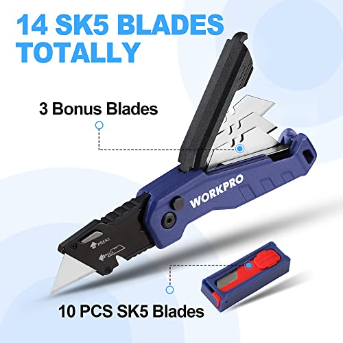 WORKPRO Folding Utility Knife, Quick Change Box Cutter, Razor Knife for Cartons, Cardboard, Boxes, Blade Storage in Handle, 13 Extra Blades Included (Blue)