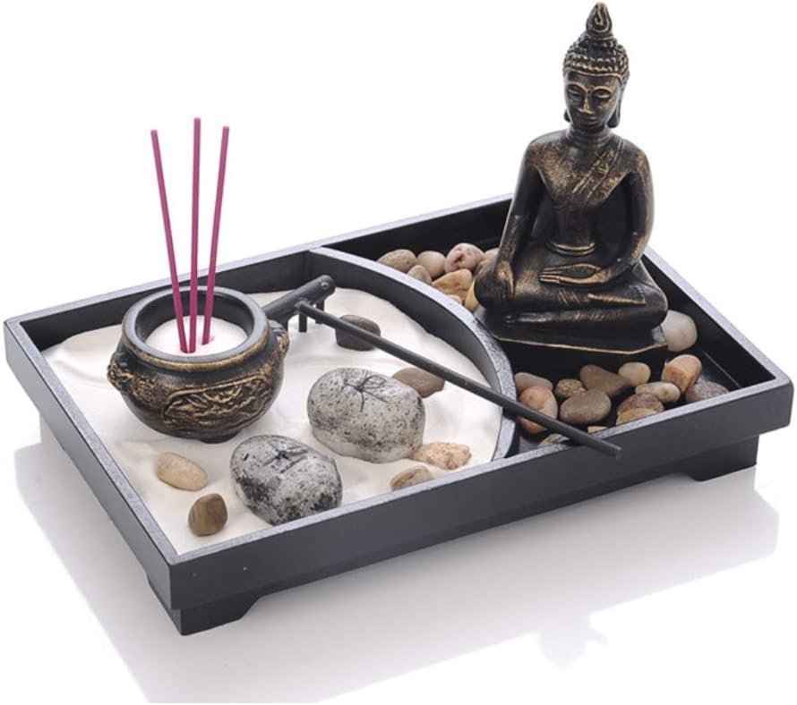 Astra Gourmet Tabletop Zen Garden with Buddha, Rake, Sand, Rock Candle, Rock Garden, and Incense Holder - Peace and Tranquility - for Home Decor Gift, Meditation, Relax(9"x6"x7")