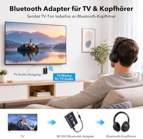 ML300 Bluetooth 5.3 Adapter für TV und Kopfhörer, 2-in-1 Sender Empfänger, Bluetooth Transmitter mit Dual Link, aptX Adaptive/HD Low Latency, 3,5mm Klinke AUX für Stereoanlage