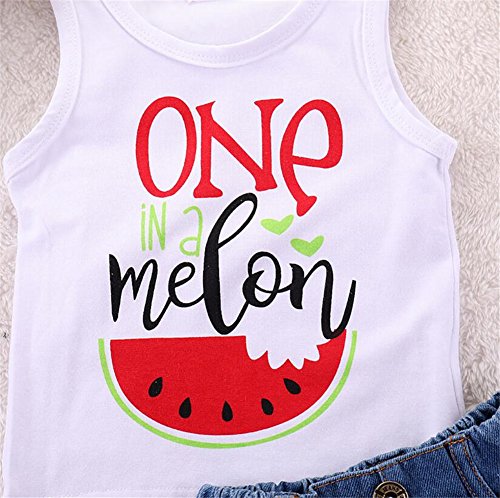 Toddler Boys Girls One in A Melon Print Vest Tops+Ripped Hole Denim Pant Outfits Size 18-24 Months/Tag100 (White)