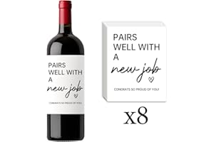 FBCCZEY 8 Pcs New Job Wine Labels, New Job Gifts for Women Men, Promotion Goodbye Farewell Leaving Job Gifts for Coworkers Women, Pairs Well with A New Job Wine Bottle Stickers Labels