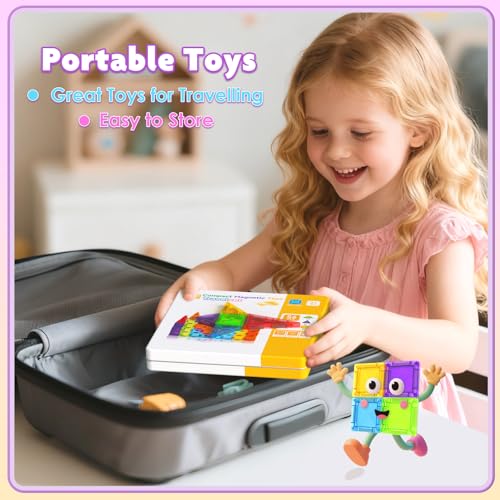 Magnetic Blocks Construction Children in Metal Box – 56 Pieces Magnetic Children – Magnetic Blocks Travel Toy to Build Castles – Magnetic Tiles Montessori Travel Toys 3+ Years