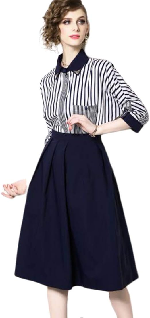 と夏の女性の長いツーピースaラインスカートファッションストライプシャツ スカートスリムカジュアルな快適さをリラックス M スカート 通販 Amazon