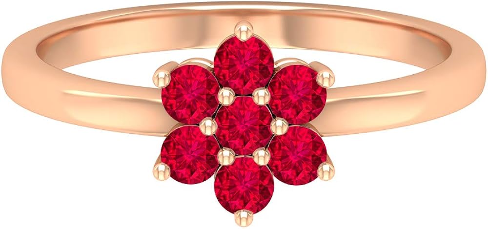 Ruby Cluster Ring 0.7 CT, Gold Engagement Ring (2.5 MM Round Shaped