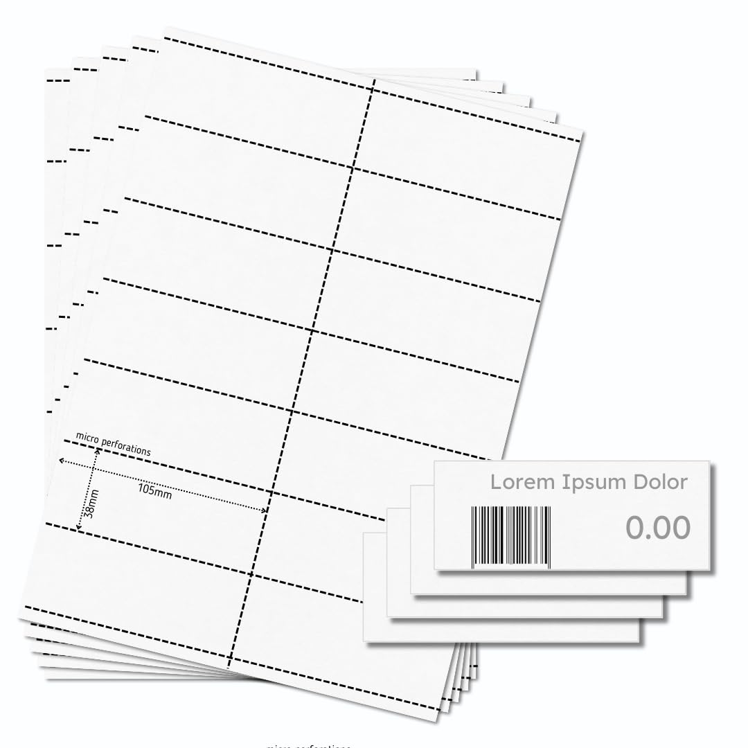 OfficeGear Shelf Edge Barcode Price Ticket Labels 14-up [25 Sheets - 350 Pack] 38x105mm Custom Printable A4 120gsm Card Micro-Perforated Non-Adhesive Merchandise Tag Includes Design Template