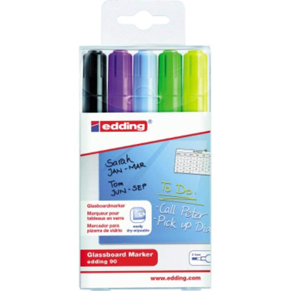 edding 90 glassboard marker set - multi-coloured - 5 glass pens - round nib 2-3 mm - washable window marker pens - for writing and marking on glass surfaces -windows, glassboards - dry-wipeable