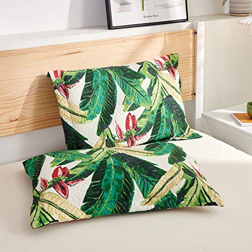 Tropical Rainforest Summer Quilt Set King Size Green Leaf Bedding Set Lightweight Reversible Botanical Flower Bedspread Coverlet with Sham Soft Breathable Bed Set, 1 Quilt and 2 Pillowshams