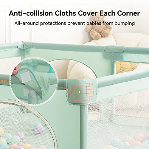 COMOMY Baby Playpen, 200 x 180 x 66 cm Baby Playpen with 50 Pit Balls, Mini Basketry and 4 Pull Rings, Baby Playpen with Soft and Breathable Mesh, Activity Center for Children, Green
