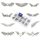 HYBEADS 100Pcs Assorted 10 Styles Tibetan Silver Angel Wing Spacer Charm Beads for Jewelry Making Findings Value Pack Mix Lot with Container