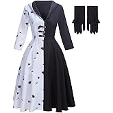 Women Black White Costume Dress, Classic Movie Cosplay Full Set with Gloves Halloween Cosplay (US Size)