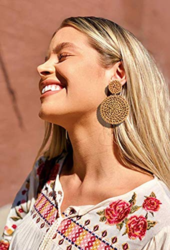 Rattan Earrings for Women Handmade Straw Wicker Braid Drop Dangle Earrings Lightweight Geometric Statement Earrings (Rattan Set A-8 Pairs)