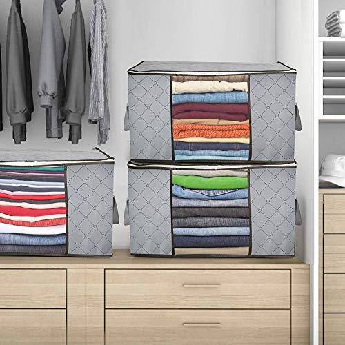 LotFancy Clothes Storage Bag, Large Capacity, 90L, Pack of 3, Blanket Comforter Bedding Closet Organizer, Foldable, Thick Fabric with Zipper, Reinforced Handle, Clear Window, Grey