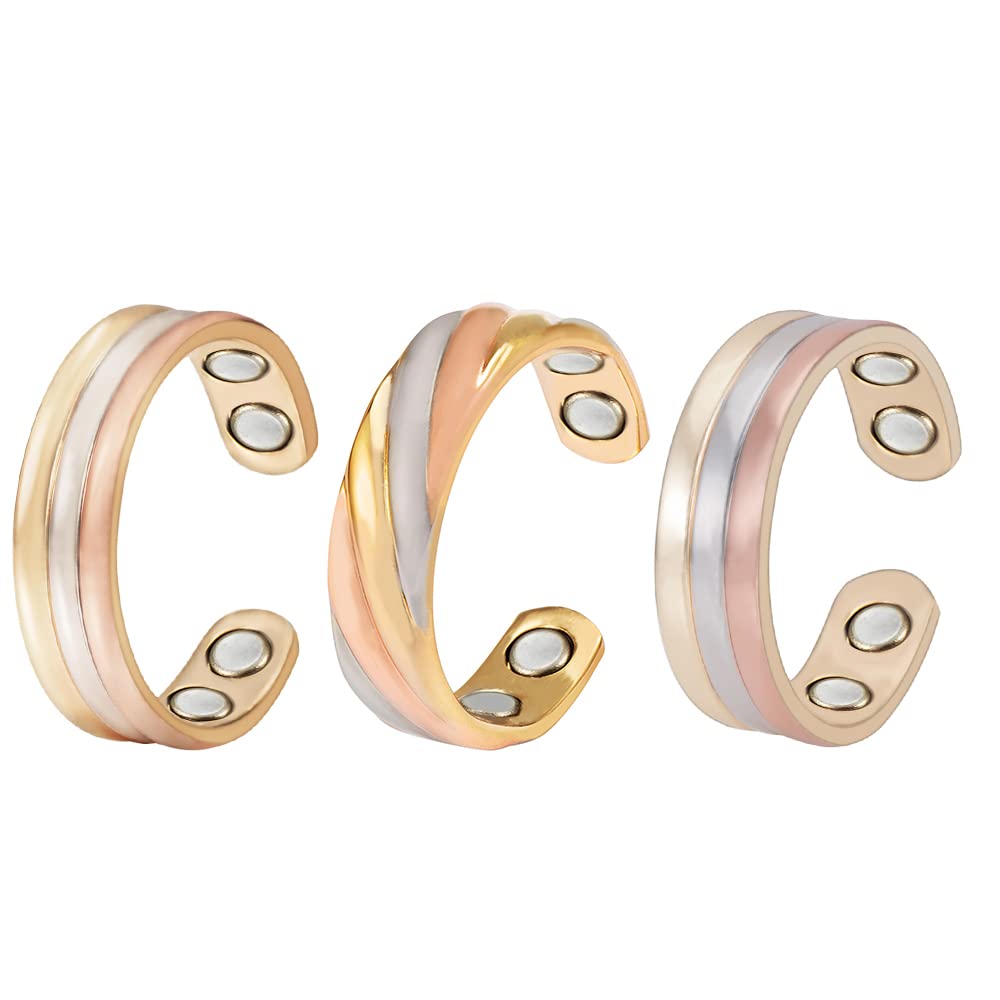 EnerCoppeX 3PC Pure Copper Magnetic Ring, Tri-Color Tone Female Magnetic Ring, Carries 4 Magnets, Includes Gift Bag Suitable for Gift Giving