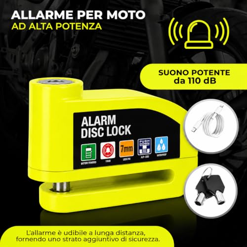 Hiridi - Bloccadisco Moto Lucchetto Moto Antifurto con Allarme Sonoro 110DB Sensori Movimento - Impermeabile Resistente - Blocco Pressione 7mm con Accessori - 1,5 m Cavo Promemoria - Lucchetto Borsa.