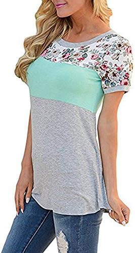 OMBabe Women Summer Floral Print Short Sleeve Patchwork Blouse Tops (Small, Green)