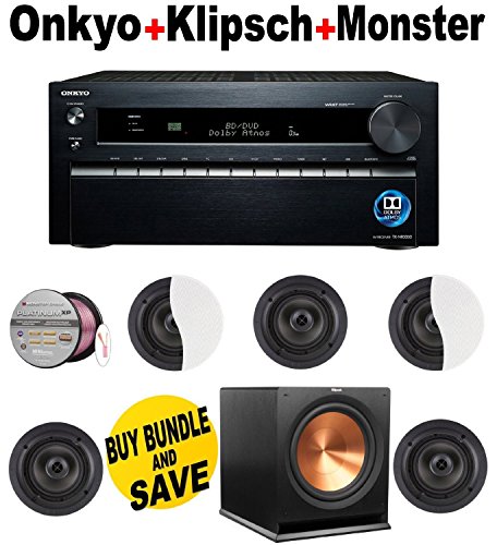 Onkyo TX-NR3030 11.2-Ch Dolby Atmos Ready Network A/V Receiver w/ HDMI 2.0 + 5 Klipsch - CDT2650CII + Klipsch - R115SW + Monster Cable - PLATXPMS50 Bundle