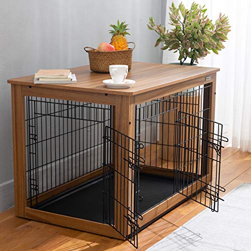 SIMPLY+ Wooden Dog Crate with Slide Tray, Wooden Wire Dog Kennels with