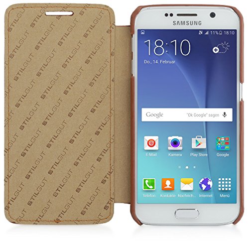 StilGut Book Type, Genuine Leather Case, Cover for Samsung Galaxy S6, Cognac Brown