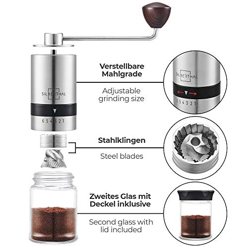SILBERTHAL Kaffeemühle Manuell Kegelmahlwerk - Verstellbarer Mahlgrad - Handmühle aus Edelstahl und Glas - Ersatzglas – Bild 5