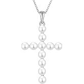 YL Cross Necklace 925 Sterling Silver Halo Freshwater Pearls Pendant Polished Religious Jewelry for Women