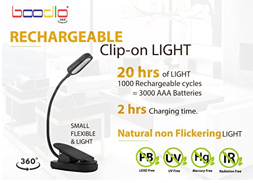 BOODLO 360° RECHARGEABLE BOOK LIGHT for reading in Bed or Desk with EYE-CARE Protection, 20 HOURS of Reading, 2 Modes, 4 LED, Easy CLIP ON Reading Light, LIGHTWEIGHT, for Music stand (WARM) - Thumbnail 2