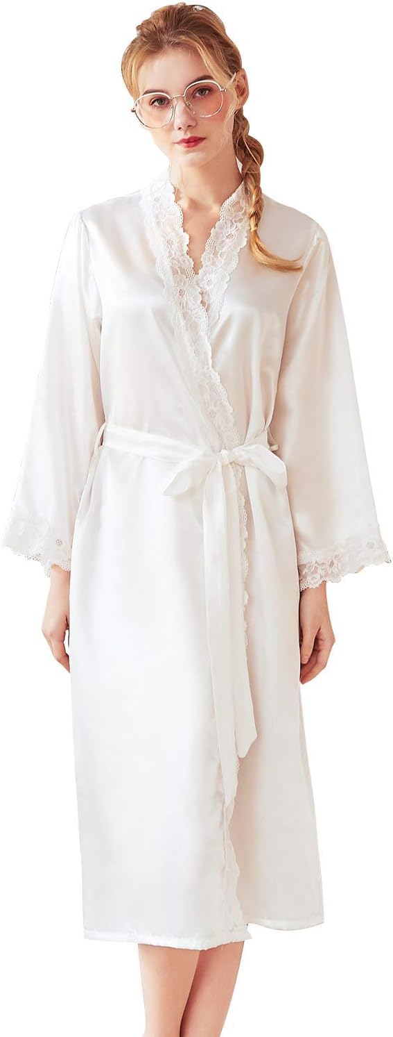 Greymond Women Satin Lace Trim Kimono Robe, Solid Sleepwear Long Silky Bathrobe Lady's Sexy V-Neck Pajamas Robes