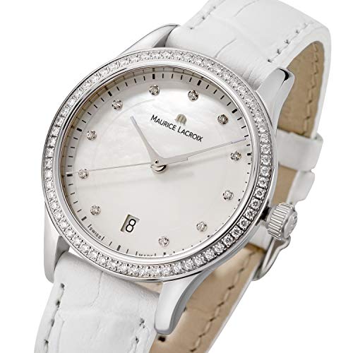 Maurice-Lacroix-Les-Classiques-Date-Damen-Armbanduhr-mit-weiem-Lederband-Analog-Quarz-mit-73-Diamanten-besetzt-LC1026-SD501-170-1