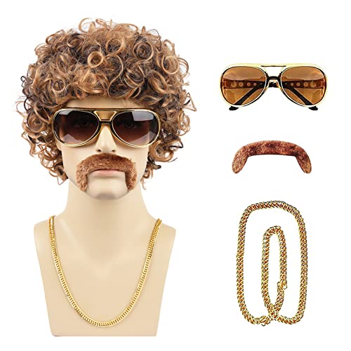 KEQISIQI Mens Wig 70s 80s Disco Costume Wig Set Afro Short Curly Brown with Blonde Synthetic Wig for Cosplay Party Halloween Fashion