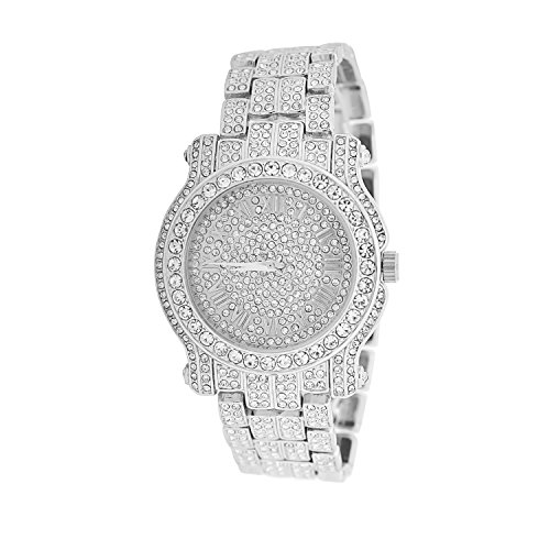 Mens Super Iced Out Hip Hop Ultra Bling King Roman Dial Fashion Designer Techno Pave White Gold Plated Studded Metal Band Watch