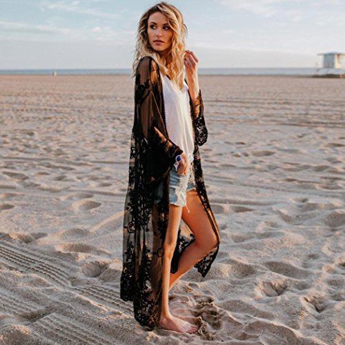 MOSE Solid Lace Beach Cardigan for women, Women Lace Bohemian Beach Long Oversized Kimono Coat (Black, S)