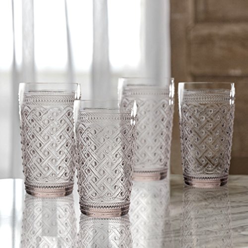 Elle Decor 229807-4HBPU Bistro Ikat 4 Pc Set Highball, Pink-Glass Elegant Barware and Drinkware, Dishwasher Safe, 13 oz,