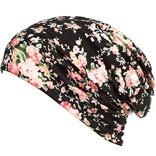 DancMolly Print Flower Head Cap Cancer Hats Beanie Stretch Casual Turbans for Women (Black 2)