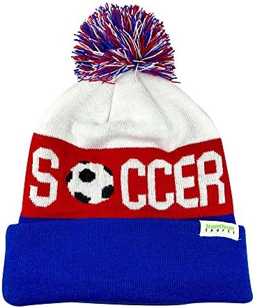TravelTeamSports Pom Pom Youth/Teen Knitted Fleece Lined Beanie Hats w/Soccer logo (Red/White/Blue)