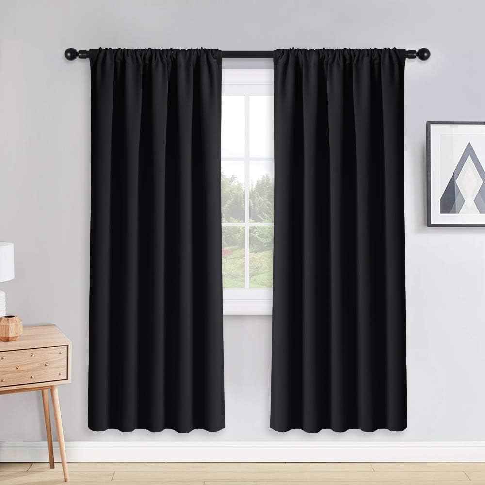 PONY DANCE Blackout Curtains 72 Long - Solid Rod Pocket Thermal Panels Black Out Window Cover Energy Efficient Light Blocking Drapes for Living Room, 52-inch by 72-inch, Black, 2 Pieces