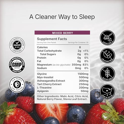 CS2 Sleep Support Drink Mix - Melatonin Free Sleep Support Drink with Magnesium Glycinate, L-Theanine, Ashwagandha, Apigenin, Tart Cherry - Non-Habit Forming, Sugar-Free - Mixed Berry, 30 Servings
