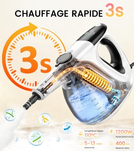 JBER Nettoyeur Vapeur Portable, Chauffage Instantané en 3 Secondes, 400ML | 110℃ Nettoyeur Vapeur à Main pour un Nettoyage Efficace, 1200W Steam Cleaner pour Cuisine, Fenêtre, Salle de Bain et Voiture