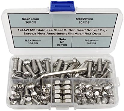 HVAZI M6 Stainless Steel Button Head Socket Cap Screws Nuts Assortment Kit; Allen Hex Drive