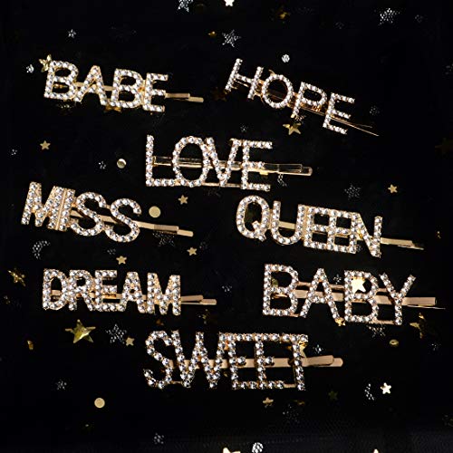 8 PCS Gold Word Letter Hair Clip Hair Pins Sparkling Bling Crystal Rhinestones Barrettes Metal Alligator Bobby Hairpins Handmade Hair Jewelry