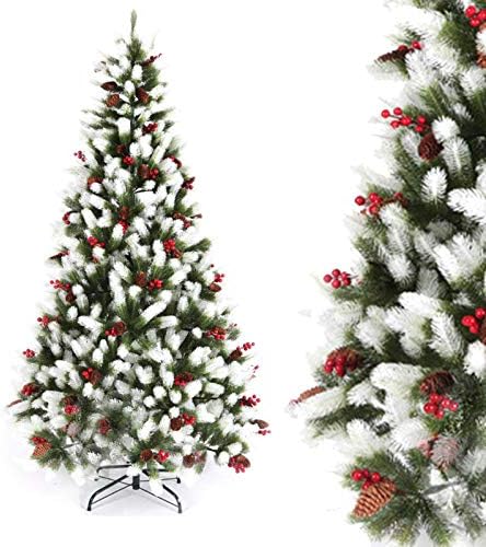人工雪をまぶした松のクリスマスツリーは 屋内と屋外のクリスマスの家の装飾のための松ぼっくりと赤いベリーの厚いトランクメタルホルダーベースを取ります 公式ストア