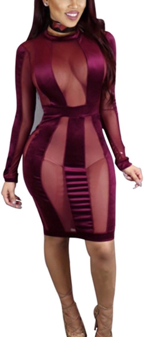 AVINE Women's Sexy Mesh See Through Bodycon Clubwear Dress