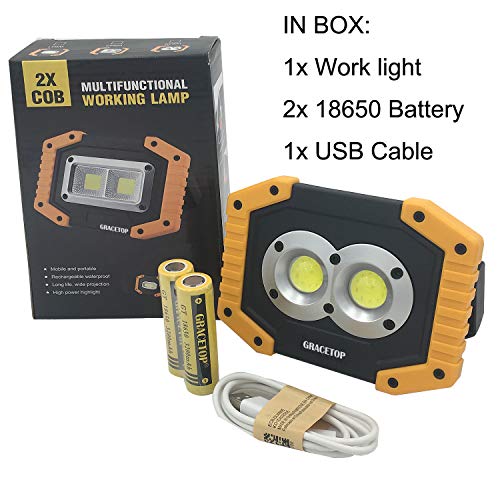 LED Work Light Rechargeable with USB Port, 2X COB Light 20W 1000 Lumen Portable Lighting with Stand,Built-in 6400mAh Lithium Batteries,Led Work Lamp for BBQ, Camping, Fishing Light