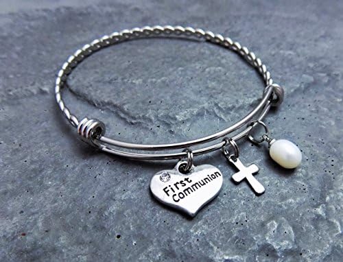 First Communion Charm Bracelet with Pearl and Cross - Braided Stainless Steel Expandable Bangle