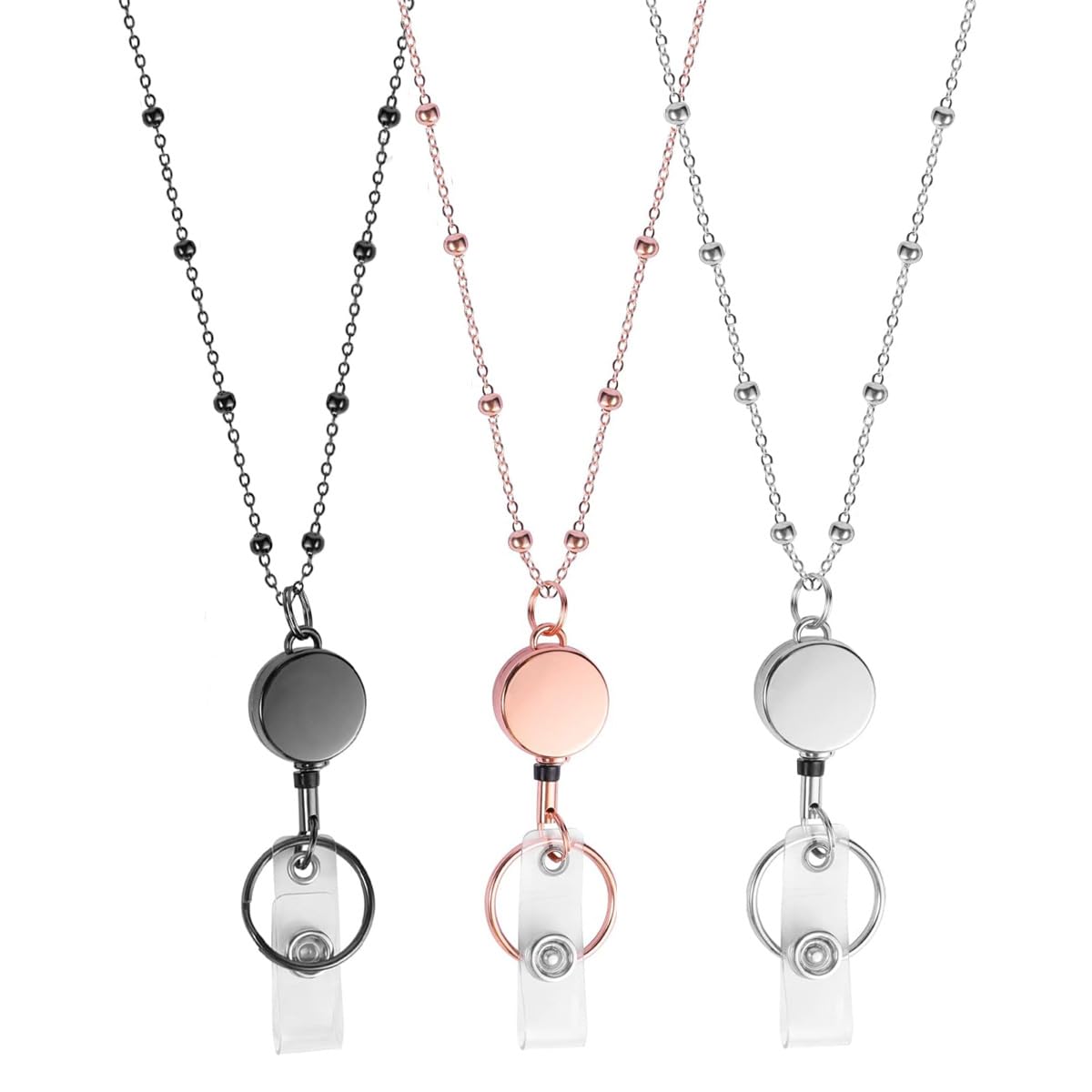 TuNan 3PCS Metal Lanyards Necklace with Clips Retractable for Id Badges, Beaded Design Lanyards for Women Girls Teachers (Black, Silver, Rose Gold)