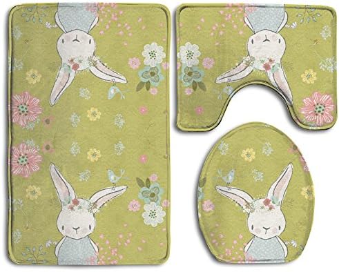 Garden Bunny Yellow 3 Piece Bath Mat Set Toilet Rug Bathroom Contour Mat Non-slip Washable Rubber Backing